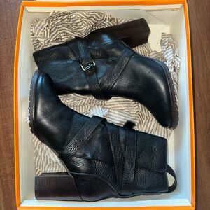 Kate spade Layne black leather buckle stacked heel  booties 8.5